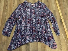 Style & Co. Blouse, Women's Size 0X, Blue Red White, V-neck, Allover Print