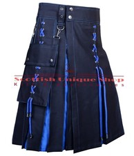 Scottish Handmade Black And Royal Blue cotton Hybrid Utility Kilt Custom Size