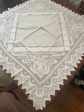 Vtg HM White Linen 20” Sq. Tablecloth. Filet Crochet Lace & Drawnthread Lace