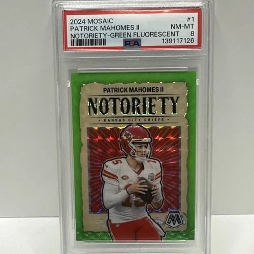 2024 Panini Mosaic Notoriety Patrick Mahomes II Green Fluorescent 1/10 PSA 8