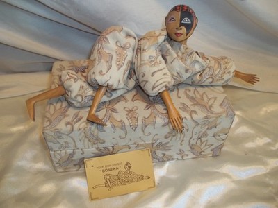 Boneka Carved Wooden Fabric Bean Bag Doll Painted Face W/Matching Box Indonesia