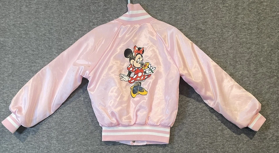 Chaqueta Bomber De Colección Disney Wear MINNIE Mouse Juvenil 10 Rosa Satinado Hecha en EE. UU. Broches a Presión Foto 2 de 4