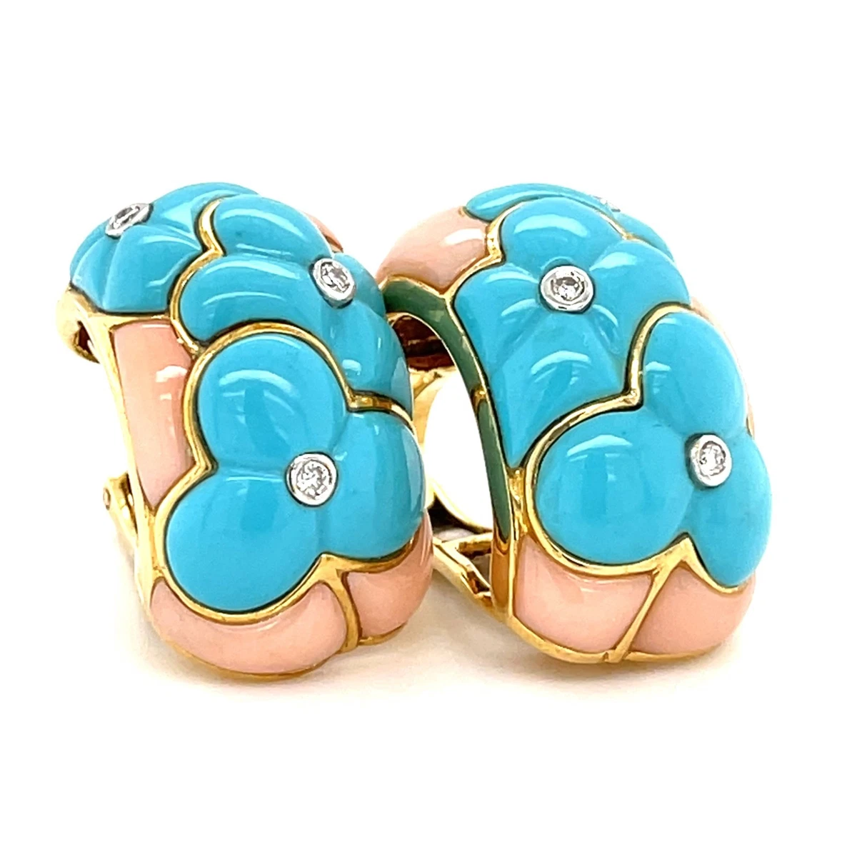 18k Gold, Full-cut 0.08ct Diamond, Carved Turquoise and Coral