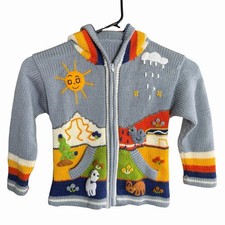 Children's Peruvian Hoodie Sweater Sz 7 Or Medium Blue Whimsical