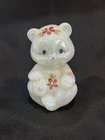 Fenton White Iridescent Uranium Bear, Hand Painted Flowers & Hearts by M Young