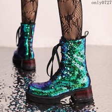 Women's Mid Cuban Heel Ankle Boots Sequins Lace Up Shoes Glitter Round Toe New