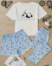 Women Pajama 3PC Panda Print Soft Short Sleeve Pajamas & Shorts & Long Pants Lg