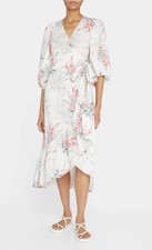 Kobi Halperin Dena Ruffled Floral Print Wrap Midi Dress Size Small Ivory Pink