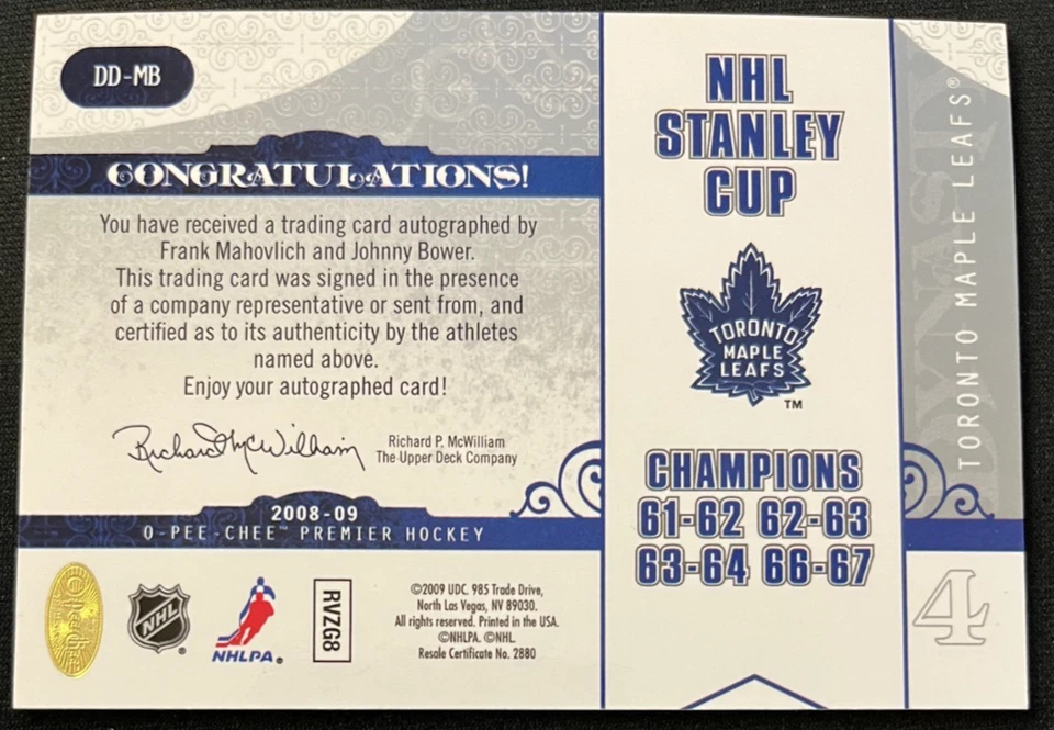 2008-09 O-Pee-Chee Premier Frank Mahovlich / Johnny Bower Dynasty Duos Auto /100 - Image 2 of 2
