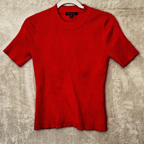 Brooks Brothers Red Ribbed Sweater Short Sleeve Geometric Knit Women M Chest 29"
