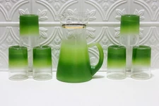 Colonial Glass Co. Pitcher & 6 Glass Set Frosted Lime Green W/Gold Band Vintage