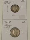 1921 and 1921-D Semi-key Mercury Dimes, Both Nice AG Examples