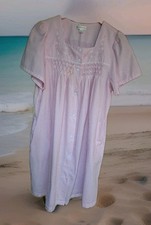 Miss Elaine Seersucker Embroidered Snap Front House Dress Robe Pink White XL SEE