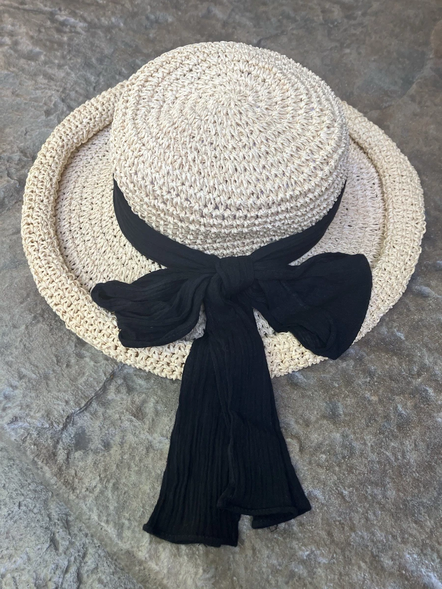 Scala White Paper Braid Wide Brim Sun Hat Black Ribbon Tie Coastal Grandma OS Scala Women main image 3