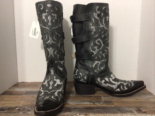 J.B. Dillon Women’s Leather Black White Buckles Moto Cowboy Wide Calf Boots Sz 7 - Picture 2 of 10