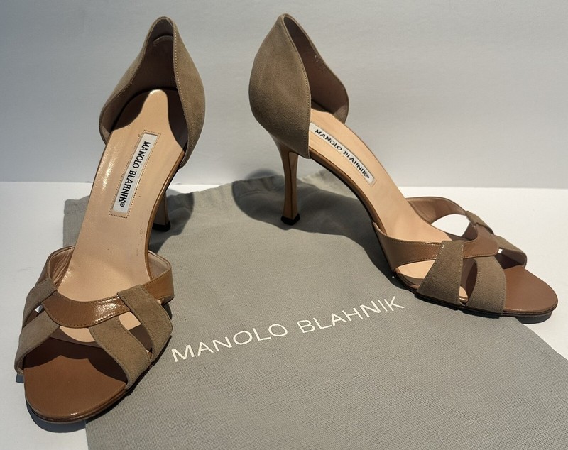 MANOLO BLAHNIK Beige Suede  Leather Open Toe High Heel Pumps Shoe Bag Size 40/10