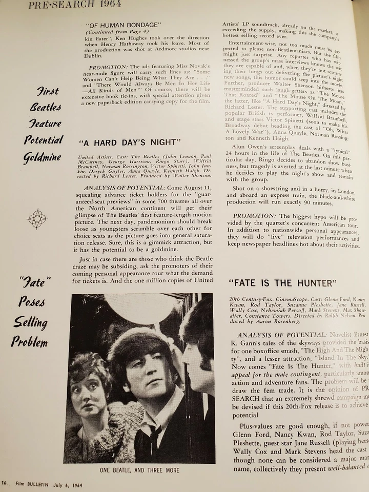 Beatles Hard Day Night July 6, 1964 Film Bulletin Magazine -  Cover Very Rare - Image 3 of 4