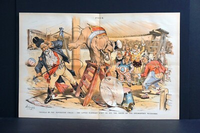 Republican Circus 1889 BLAINE RINGMASTER HAS HARRISON DOING ELEPHANT TRICKS Puck