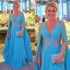 V Neck Mother Of The Bride Dress with Cape Beaded Appliques Wedding Guest Gowns