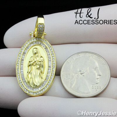 925 STERLING SILVER ICY CZ GOLD PLATED VIRGIN MARY MOTHER OF JESUS ...
