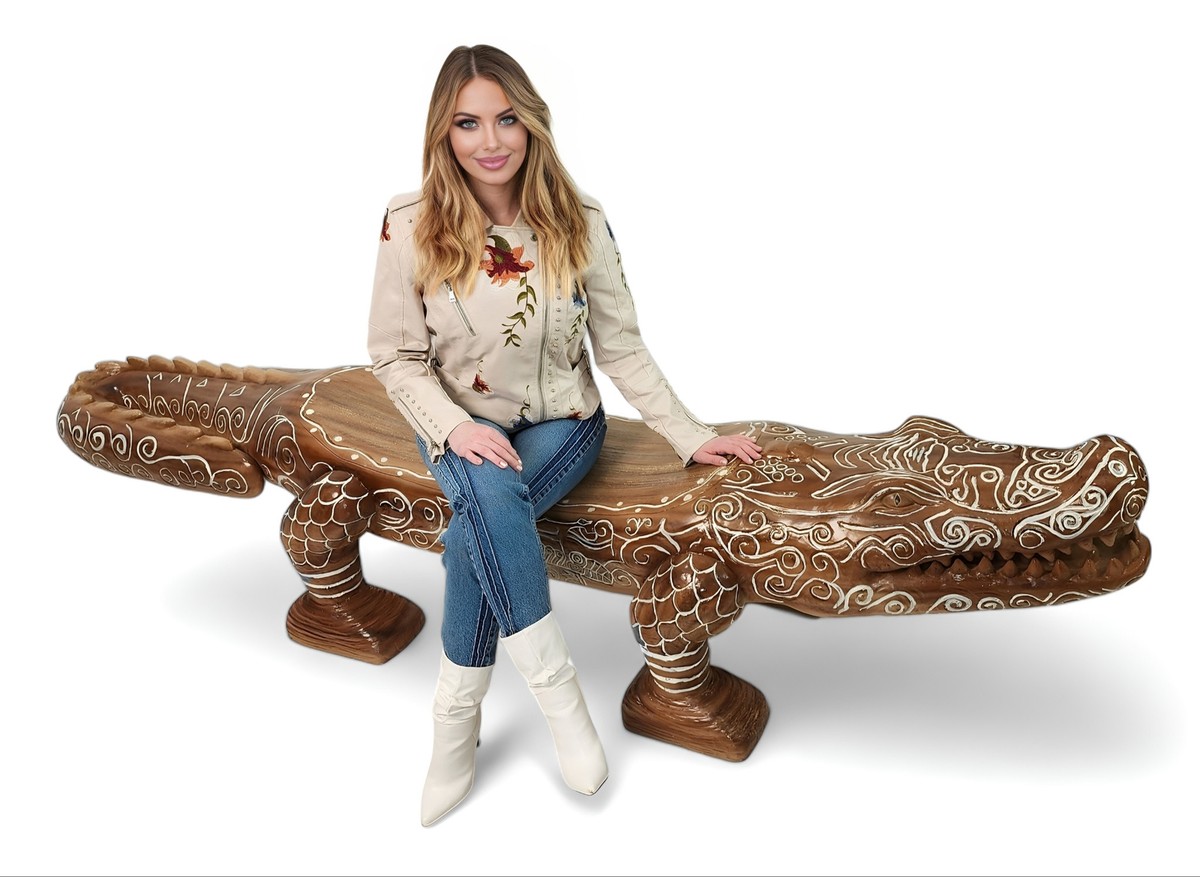 Alligator Crocodile Bench Chair Statue Huge - Resin Wood Finish
