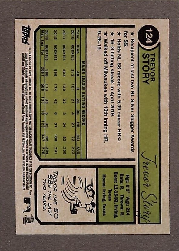 2020 Topps Archives #124 Trevor Story 1974 Topps Silver /99 - Image 2 of 3