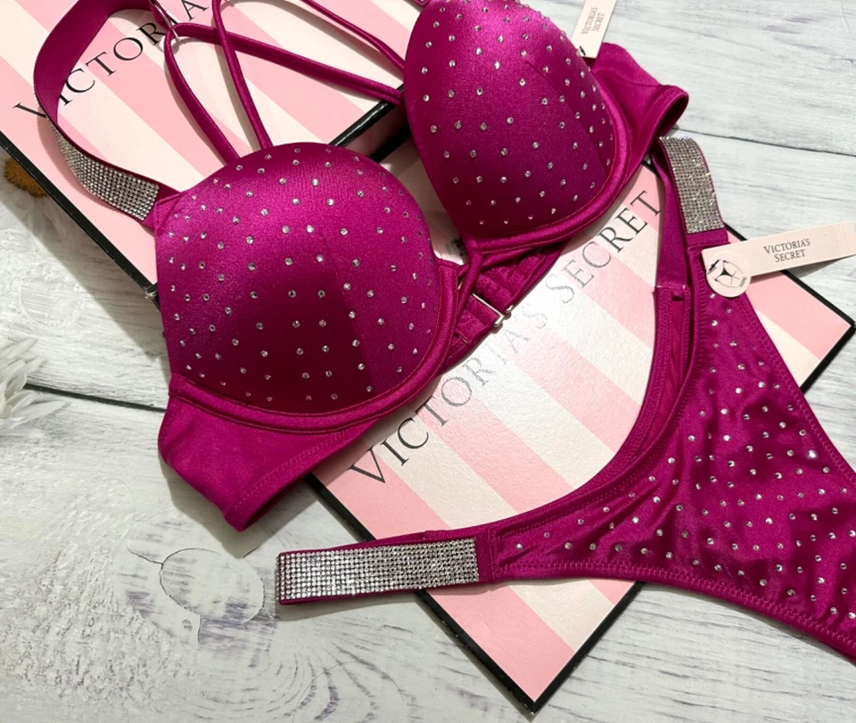 Victoria's Secret Shine Strap Bomba de Natación + 2 Tazas Set Push-up Tanga Rosa Foto 3 de 4