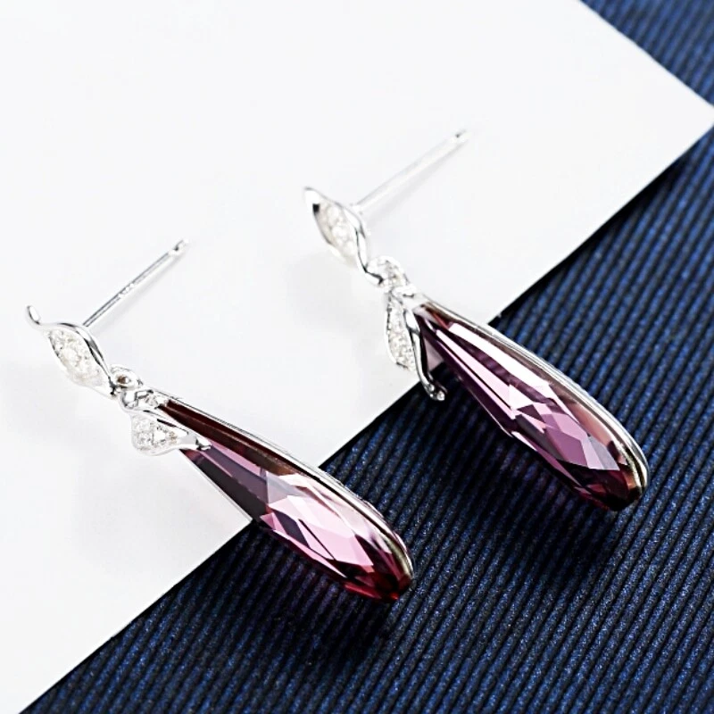 S925 Sterling Silver Made With SWAROVSKI Crystal Long Oval Amethyst Earrings - Image 4 of 4
