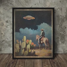 Vintage COWBOY UFO Western Wall Art, Sci-fi Alien UAP Cactus Flower Horse Decor