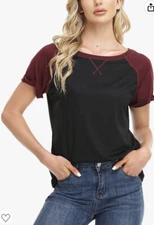 Miss Moly Women’s Raglan Sleeve Boat Neck Summer T Shirt Black/Burgundy M 8/10