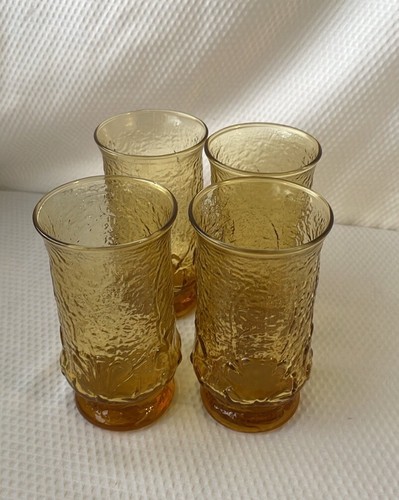 VTG Set Of 4 Anchor Hocking Amber Rain Flower 12 oz Drinking Glasses Tumblers - Picture 3 of 5