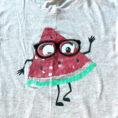 Girls L 10-12 Light Pink Sequin Watermelon Glasses Ruffle Sleeve Tee Shirt  Top