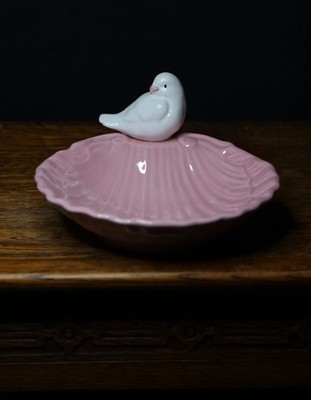 Rosa Keramik Schmuckschale mit Vogelmuschelform Dekoschale 23 cm