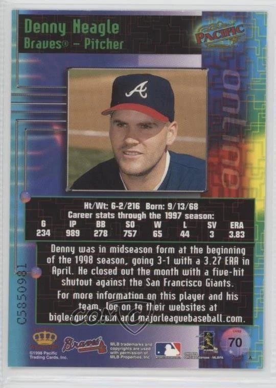 1998 Pacific Online Web Code Cards Denny Neagle #70 - Image 2 of 2