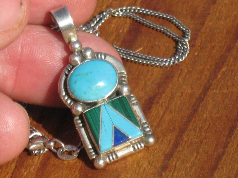 c1980 ZUNI INLAY PENDANT NECKLACE STERLING SILVER JEWELRY TURQUOISE w/CHAIN LOW$