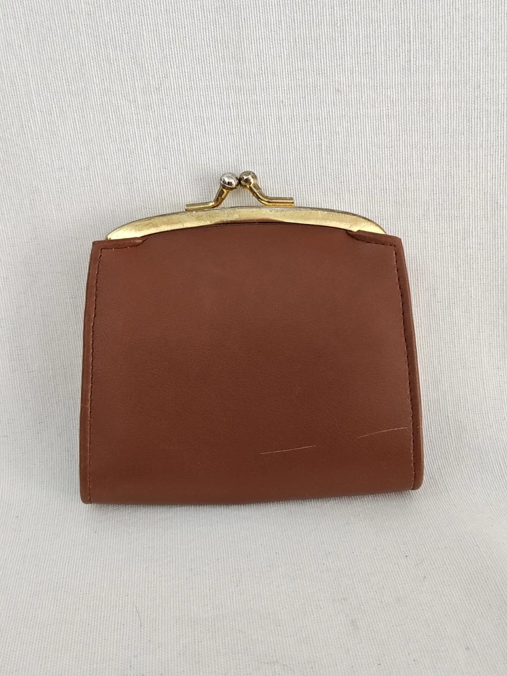 Cartera de monedas Buxton vintage para mujer de cuero marrón dorado Kisslock 4"x4" Foto 2 de 4