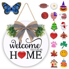 Interchangeable Welcome Sign for Front Door - Solid Wooden Welcome Wreaths wi...
