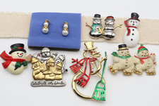 Vtg XMAS Lot 7 Pin Brooch Earrings Snowman Snowmen LC Gerrys Hallmark Avon Metal