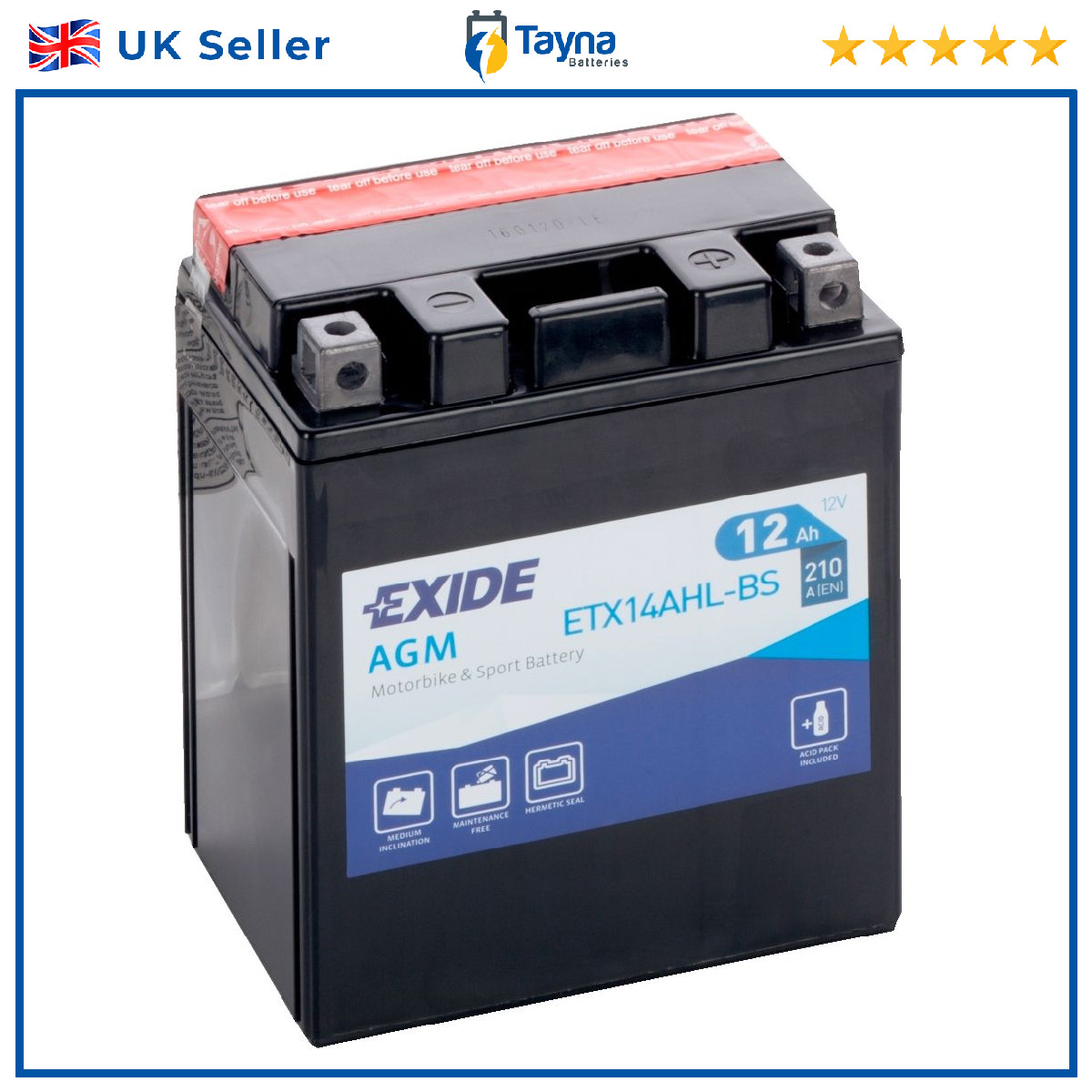 AGM Motorcycle Battery Bike Motorbike ETX14AHL-BS Exide