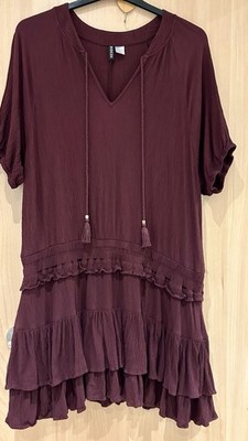 H&M Kleid Tunika Rüschen Weinrot Plussize Gr. XL (ca. 50)