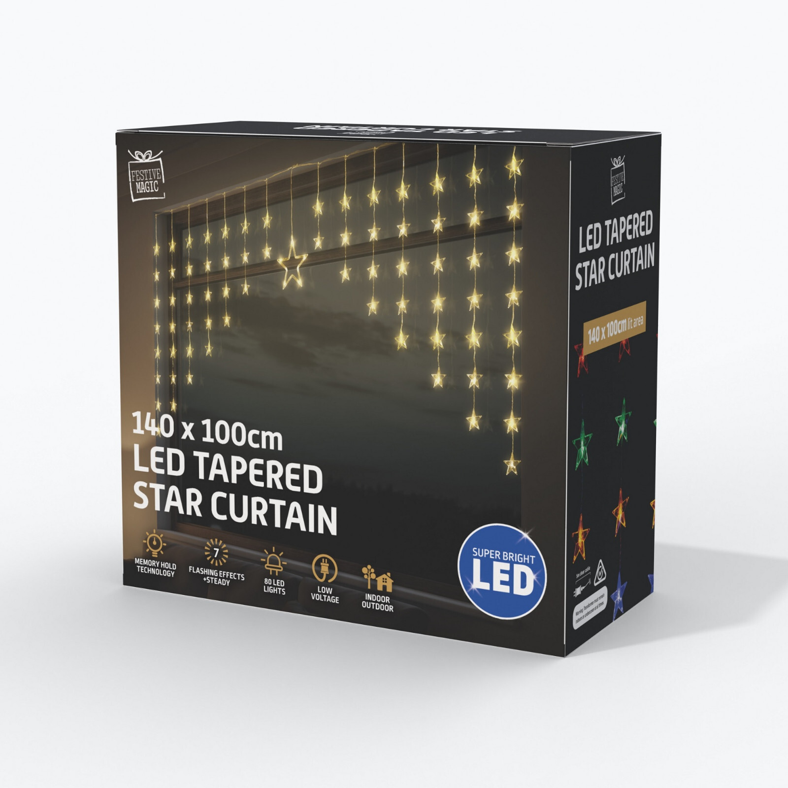 LED Tapered Star Curtain Multicolour Warm White 1.4x1m Christmas Window