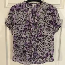 Talbots SP Womens Button Up Shirt Purple Floral Short Sleeve Petites Lightweight