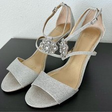 Badgley Mischka Cristal Embellished Ankle Strap Silver Sandals Stiletto Heel 9