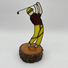 VINTAGE HANDMADE GOLFER SUNCATCHER SHELF SITTER LEADED STAINED GLASS ON WOOD