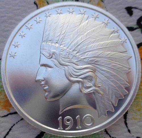 1 oz.  1910 INDIAN HEAD GOLD EAGLE coin tribute silver BU round .999 fine silver