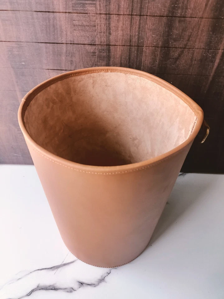 Cubo de basura redondo de cuero genuino/cubo de basura/cesta de basura de estudio/cubo multiusos Foto 3 de 4