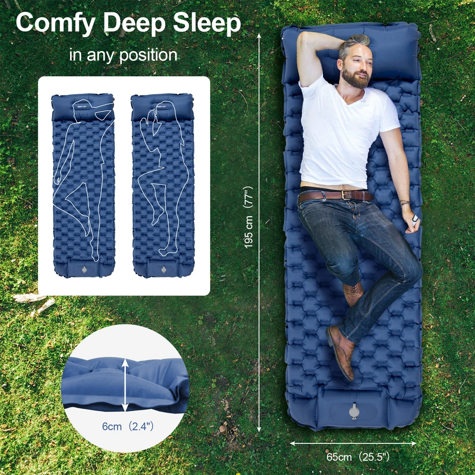 Night Cat Single Inflating Pad Sleeping Mattress Air Bed Camping Mat Pillow - Image 2 of 4