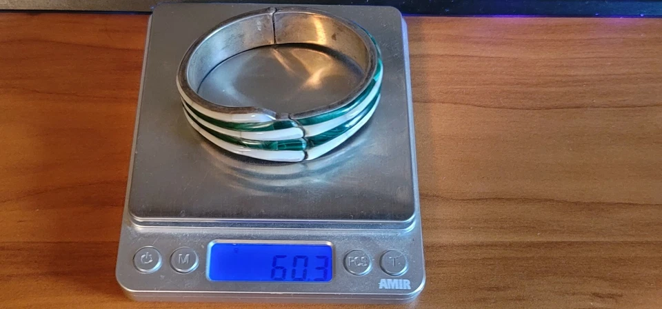 8" Hinged Sterling Silver Bracelet Green Malachite & Pearl Inlay Signed N.A. - Image 4 of 4