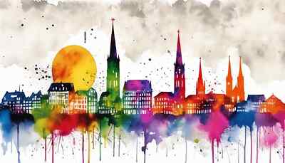 Leinwandbilder Pop Art Aquarelle Skyline Freiburg Stadtbild 101 bis 150x90 cm