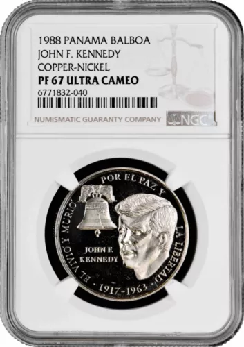 Panama 1 balboa 1988, NGC PF67 UC, "25th Ann. - Death of John F.Kennedy" (Cu-Ni)
